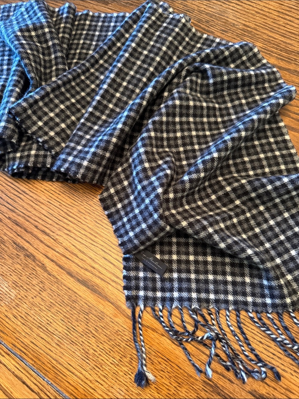 Enzo Mantovani 100% Cashmere Scarf Black Gray Plaid Fringe 63”